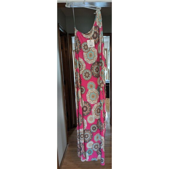 NWOT Entro Women's One Shoulder Maxi Dress Pink Mandala with Slit Size Small - Picture 1 of 11